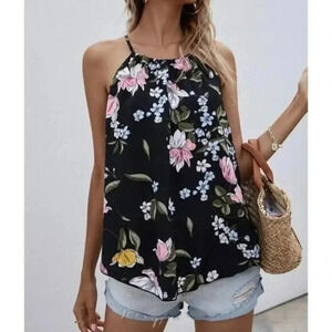 Boutique Black Colorful Floral Halter Tank Top M